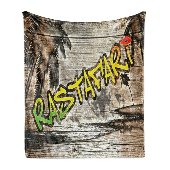 Rasta Soft Flannel Fleece Throw Blanket, Jamaican Reggae Music Inspired Rastafari Street Graffiti Image, Cozy Plush for Indoor and Outdoor Use, 50" x 70", Pale Green Yellow, by Ambesonne