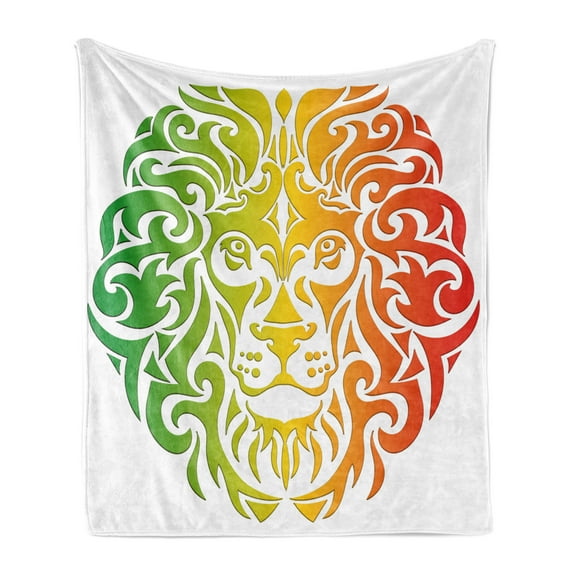 Rasta Soft Flannel Fleece Throw Blanket, Lion Portrait in Vivid Colors Portrait Head King of Jungle Image, Cozy Plush for Indoor and Outdoor Use, 70" x 90", Fern Green Orange, by Ambesonne