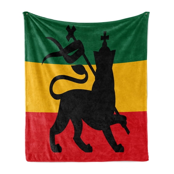 Rasta Soft Flannel Fleece Throw Blanket, Rastafarian Flag Judah Lion Reggae Music Inspired Design Image, Cozy Plush for Indoor and Outdoor Use, 50" x 70", Yellow Black, by Ambesonne
