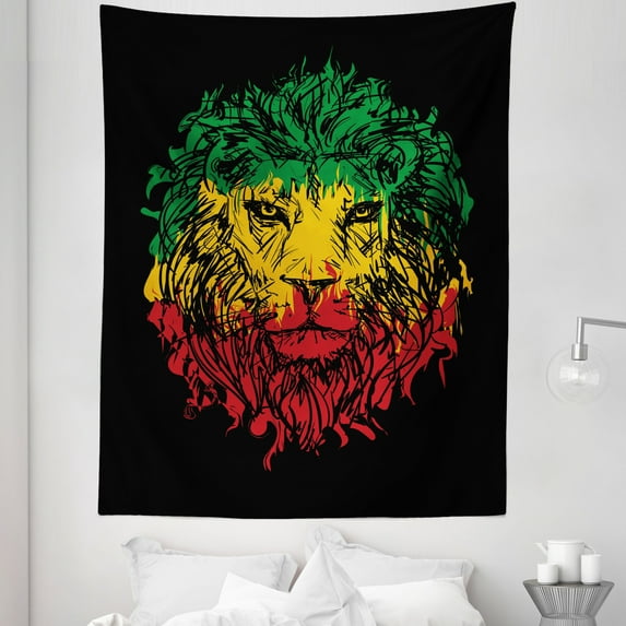 Rasta Tapestry, Ethiopian Flag Colors on Grunge Sketchy Lion Head Black Backdrop, Fabric Wall Hanging Decor for Bedroom Living Room Dorm, 5 Sizes, Pale Green and Yellow, by Ambesonne