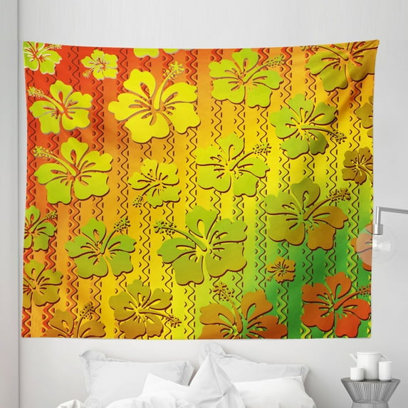 Rasta Tapestry, Hibiscus Exotic Jamaican Island Flower with Zig Zag Lines Print, Fabric Wall Hanging Decor for Bedroom Living Room Dorm, 5 Sizes, Pale Green Marigold, by Ambesonne