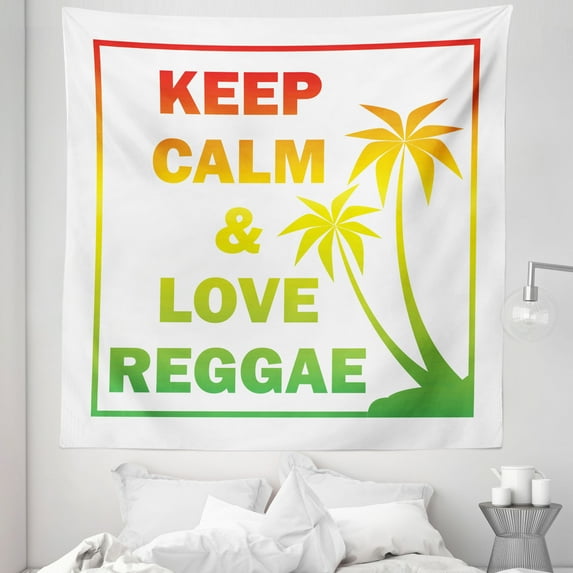Rasta Tapestry, Keep Calm and Love Reggae Words in Ombre Rainbow Colors Music Themed, Fabric Wall Hanging Decor for Bedroom Living Room Dorm, 5 Sizes, Pale Green Yellow, by Ambesonne