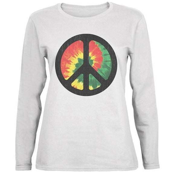 Rasta Tie Dye Peace Sign Distressed Halftone Ladies' Relaxed Jersey Long-Sleeve Tee White X-LG