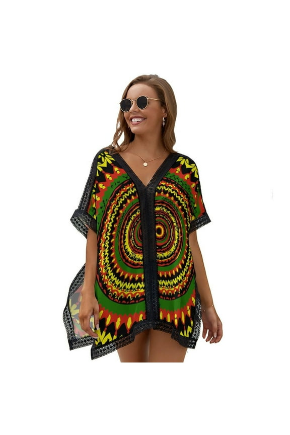Rasta Tie Dye Time Warp Beach Cover Ups for Women Bathing Suit Cover Up Lace Bikini Swimsuit Coverup Beach Dress Shirt One Size