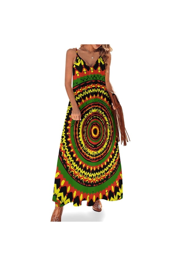 Rasta Tie Dye Time Warp Sleeveless Suspender Dress Summer Fashion Casual Long Dress