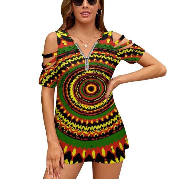 Rasta Tie Dye Time Warp Womens Summer V Neck Zipper Top Short Sleeve T Shirt Off Shoulder Top Casual Classy Loose Shirts