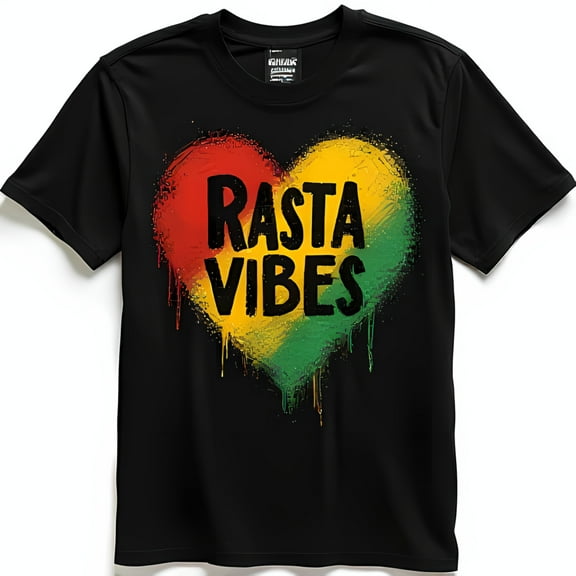 Rasta Vibes Black T-Shirt with Bold Heart Graphic Reggae Style Tee