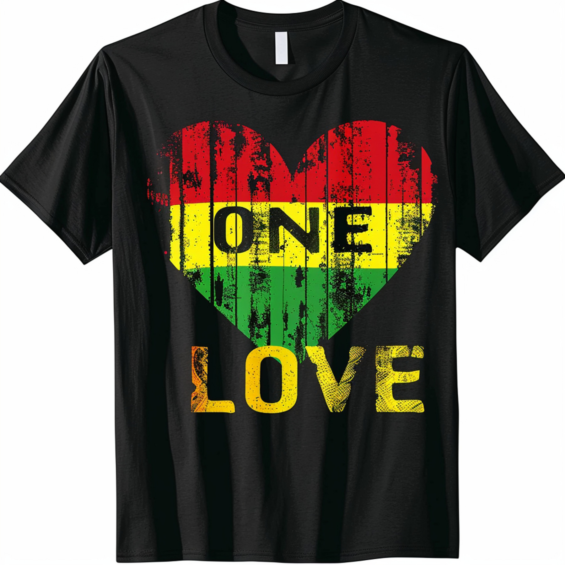 RastaInspired 'One Love' Heart Graphic Black TShirt Vintage Distressed 