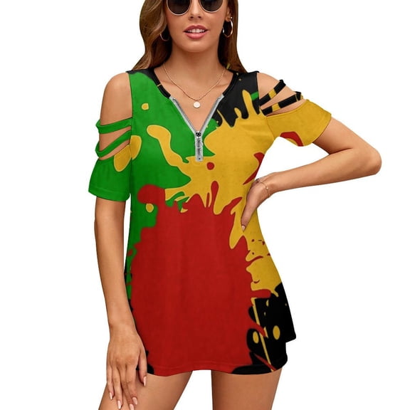 Rastafari Colors - Splashes Green Yellow Red Womens Summer V Neck Zipper Top Short Sleeve T Shirt Off Shoulder Top Casual Classy Loose Shirts