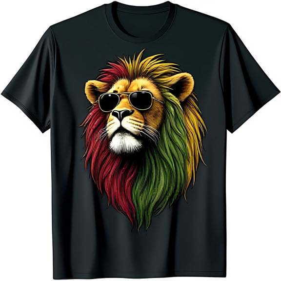 Rastafarian Lion Graphic T-Shirt Black Tee with Colorful & Sunglasses