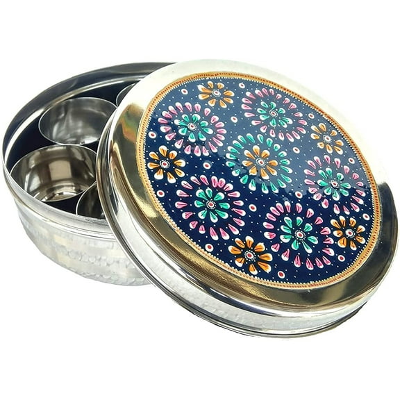 Rastogi Hadicrafts Stainless Steel Masala Box,Spice Box,Masala Dabba,Spice Container rack,Indian Size - 8x8 Inch Hand Painted (BLUE)