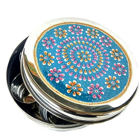 Rastogi Hadicrafts Stainless Steel Masala Box,Spice Box,Masala Dabba,Spice Container rack,Indian Size - 8x8 Inch Hand Painted (TERQUAISE)
