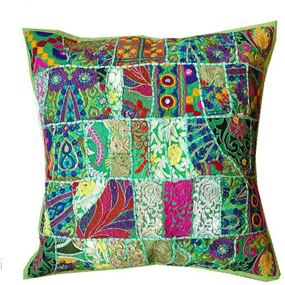 Rastogi Handicrafts Big Size Florr Cushion Cover Multicolor Sari Patchwork Seating Ethnic Indian Large Square Design Seating Pillow Cover (Light Green)