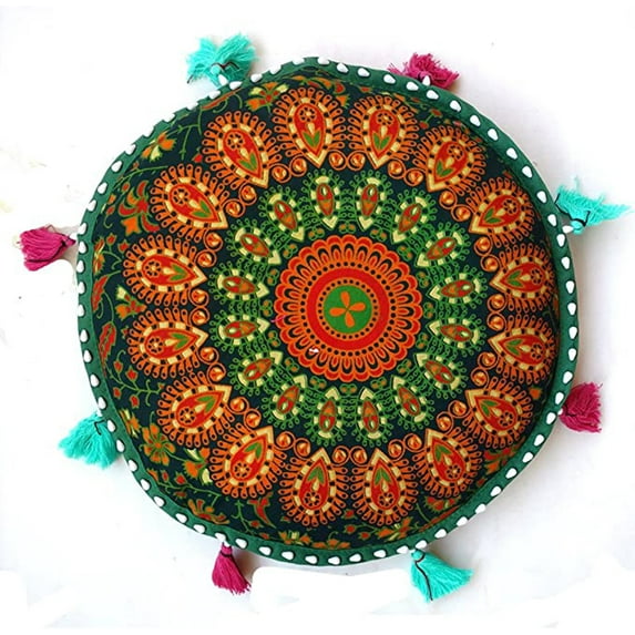 Rastogi Handicrafts Bohemian Ombre Cushion Cover Round Meditation Pillow/Pouf Organic Cotton-Hand Block Printed (Green)