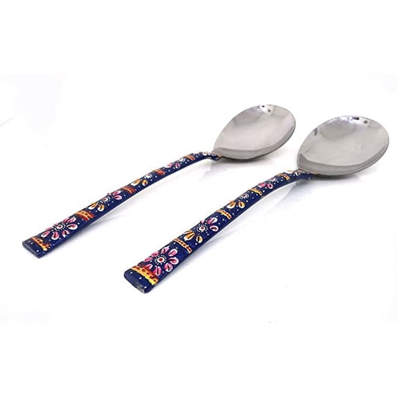 Rastogi Handicrafts Copper Bamboo Hand Painted Meena Work Dinnerware flatware serving spoon utensils Set Of Two (Blue)