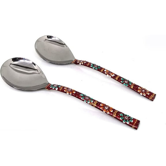 Rastogi Handicrafts Copper Bamboo Hand Painted Meena Work Dinnerware flatware serving spoon utensils Set Of Two (Red)