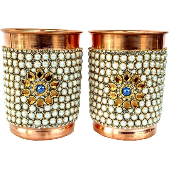 Rastogi Handicrafts Copper Glass Outer White Stone Work Decorated Tumbler Drinkware Set (White 2 glass)