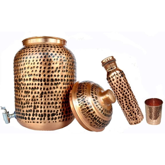 Rastogi Handicrafts Copper Hammered Water Storage Tank Brown Pot 4 Litter Capacity With Tumble And Copper Bottle