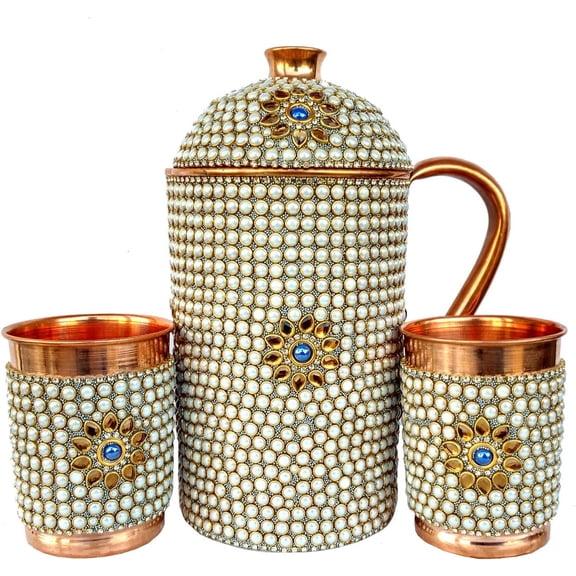 Rastogi Handicrafts Copper Jug-2 Glass Stone Work Decorated Drinkware Set (White Jug 2 Glass)