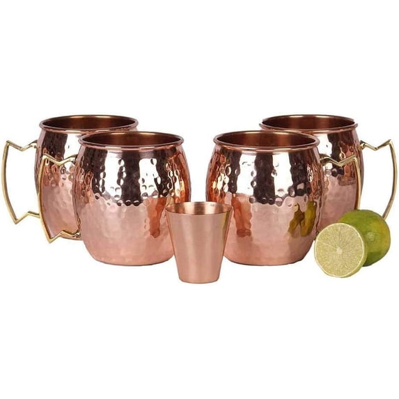 Rastogi Handicrafts Copper Moscow Mule Solid Pure Copper Unlined Mug/Cup (16-Ounce/Set of 4, Hammered) with Bonus Shot Glass and Free