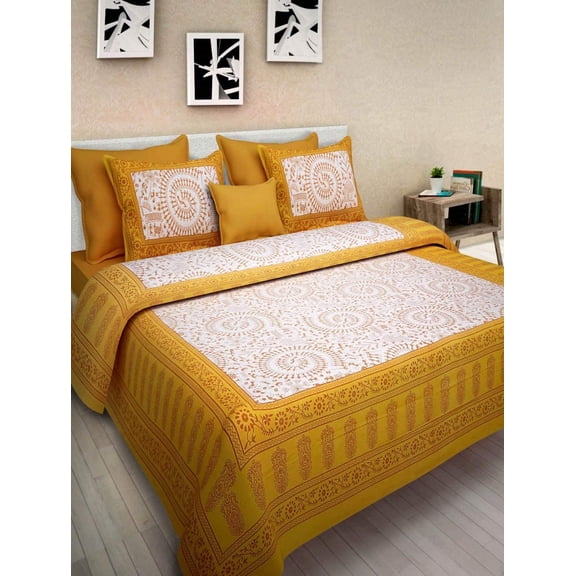 Rastogi Handicrafts Cotton Double Bedsheet Queen Size Color - Yellow Tapestry Printed with 2 Pillow Cases (BEDSHEET 3) Size - - 84 x 94 inches