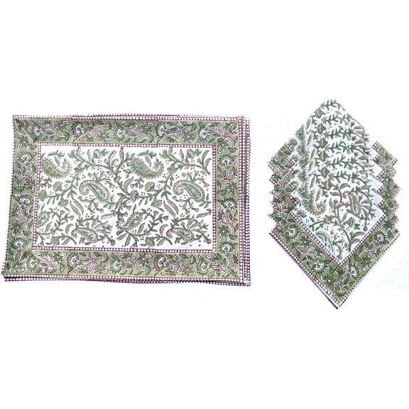Rastogi Handicrafts Cotton Indian Table Mats and Napkins Set of 6 (Green 1)