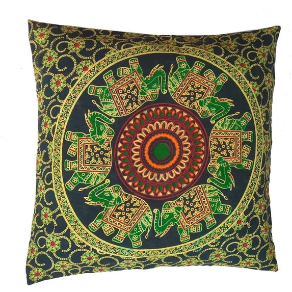 Rastogi Handicrafts Cushion Cover Pillowcases Hand Bolck Printed Mandala Design Size 16" x 16" (Green Elephant)