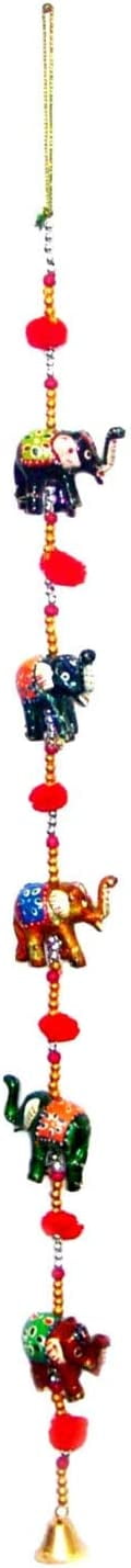 Hand-Painted Multicolor Wooden Elephant Hanging Decor with Beads and Bell