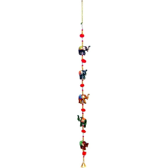 Rastogi Handicrafts Decorative Hanging Five Hand Painted Multi Color Resin Elephant with Beads and Brass Bell Size-76 cm
