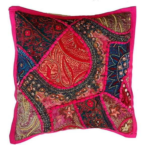 Rastogi Handicrafts Decorative Throw Pillow Cases, Embroidered Cotton Cushion Cover Patchwork Pillow,Indian Traditional Handmade Cushion Cover (Pink)