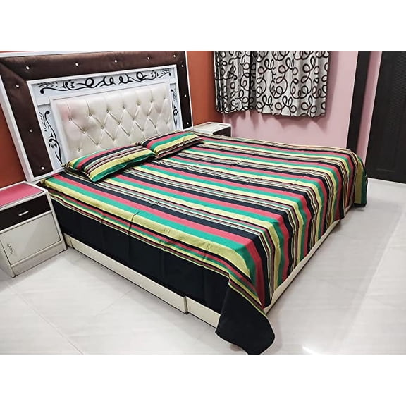Rastogi Handicrafts Double Bedsheet Queen Size Hand Woven Handloom Bed Spread Cover Tapestry Multi Colour Line Design Printed with 2 Pillow Cases (105" x 92")