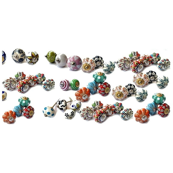 Rastogi Handicrafts Drawers Knobs Door Cupboard Pulls Indian Mix 30 Knobs Assorted Multicolor Ceramic