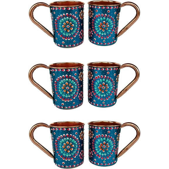 Rastogi Handicrafts Handmade Pure Copper Outer Hand Painted Art Work Wine, Vodka, Beer,Cocktail,Juice, Cold Coffee Straight Mug - Cup 16 oz Pack Of 6 Cup (TURQUOISE)