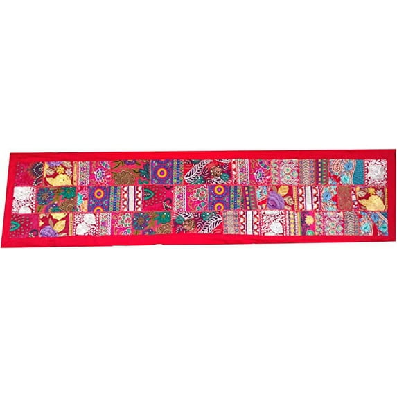 Rastogi Handicrafts Indian Handmade Embroidered Patchwork Old Hanging Wall Art Vintage Tapestry Old Sari Cutting Wall Hanging Parda (RED, 12 X 60 INCH)