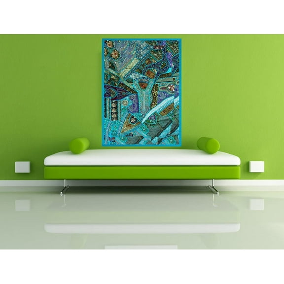 Rastogi Handicrafts Indian Wall Hanging Cotton Embroidered Patchwork Turquoise Tapestry 40 x 60 inches (Firozi)