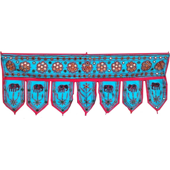 Rastogi Handicrafts Mirror Wall Hanging Toran Elephant and Flower Hand Work Door Toran Indian Traditional Look (Sky Blue)