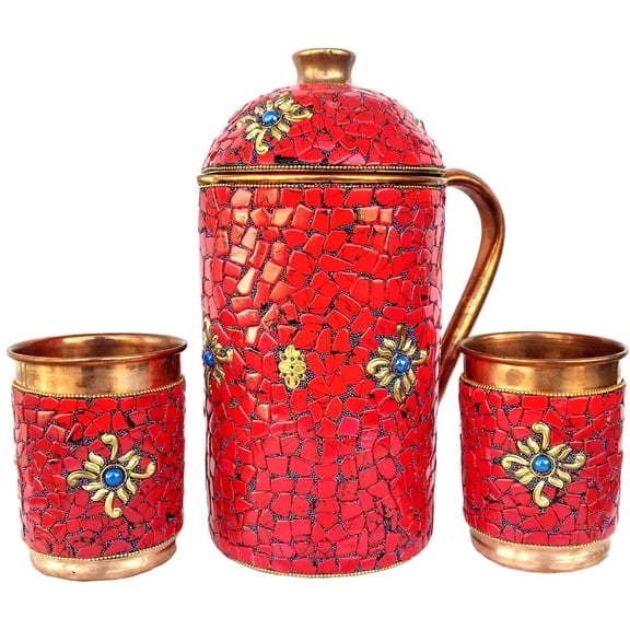 Rastogi Handicrafts Pure Copper Jug - 2 Glass Drink ware Set Tableware Pitcher outer Red stone work decorated Tumbler (Red jug 2 glass)