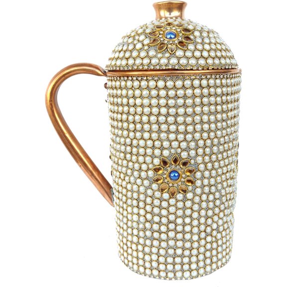 Rastogi Handicrafts Pure Copper Jug - outer White stone work decorated Jug Drinkware Set Tableware Pitcher (White Jug)