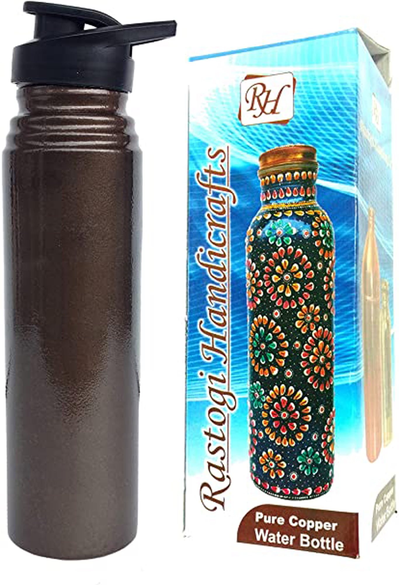 Rastogi Handicrafts Pure copper Black Plastic Lid water bottle 1000 ml capacity joint less plain bottle