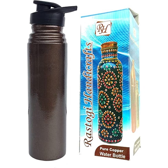 Rastogi Handicrafts Pure copper Black Plastic Lid water bottle 1000 ml capacity joint less plain bottle