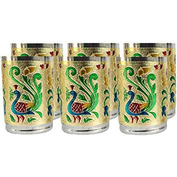 Rastogi Handicrafts Set of 6 Stain less steel glass indian hand made meena work Peacock design Golden silver color Diwali Christmas Tumbler Gift set item