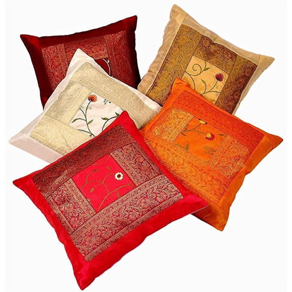Rastogi Handicrafts Silk Zari Hand Embroidery Work Silk 5 Piece Cushion Cover Set - Multicolor