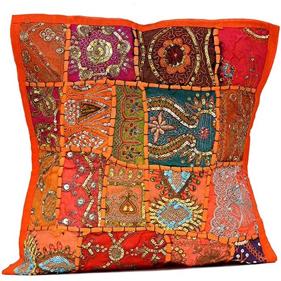 Rastogi Handicrafts Sitara Work Patches Cushion Cover Home Decor case 16"x16" Size (Orange)