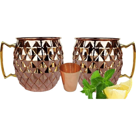 Rastogi Handicrafts Solid Copper Mugs with 1 Copper Shot Glass -Copper Moscow Mule Mug - Diamond Hammer Barrel Cups - Cocktail Cups/Glasses Set of 2 mug