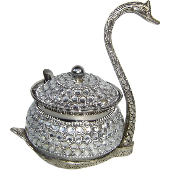 Rastogi Handicrafts Stainless Steel Serving Platter with Lid and Spoon Duck Shape Decorated with Studded Work (4 Inches)