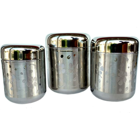 Rastogi Handicrafts Stainless Steel Silver Flower Design Window Kitchen Canister, Set of 3 (Plain Leaf Design)