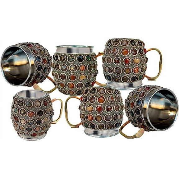 Rastogi Handicrafts Stainless Steel Stone Work Brass Handle Mug for Beer, Vodka, Drinkware (6)
