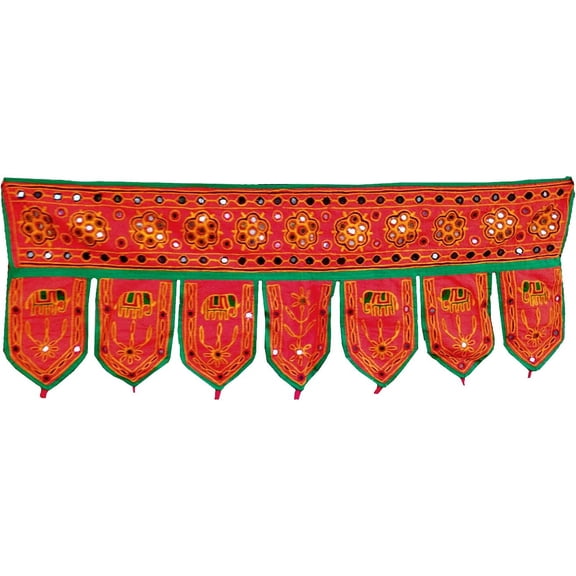 Rastogi Handicrafts Traditional Cotton / Mirror Wall Hanging Elephant and Flower Hand Work Toran (RED) Size -39x13 inch