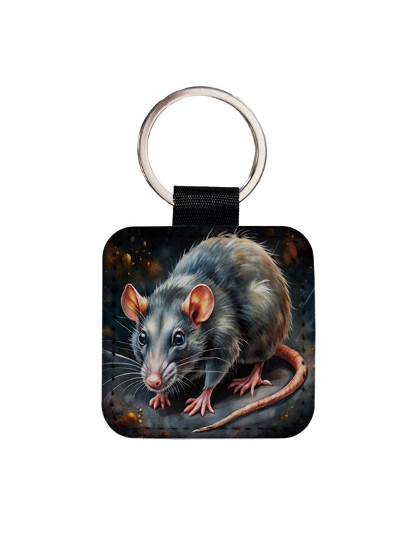 Rat Black Watercolor Faux Leather Square Keychain