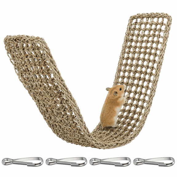 Rat Climbing Toy, 39.4 x 7.9 in Natural Woven Grass Net Hammock with 4 Metal Hooks, Large Small Animal Grass Mat for Cage, Hand-Woven Activity Hammock for Hamster, Chinchilla